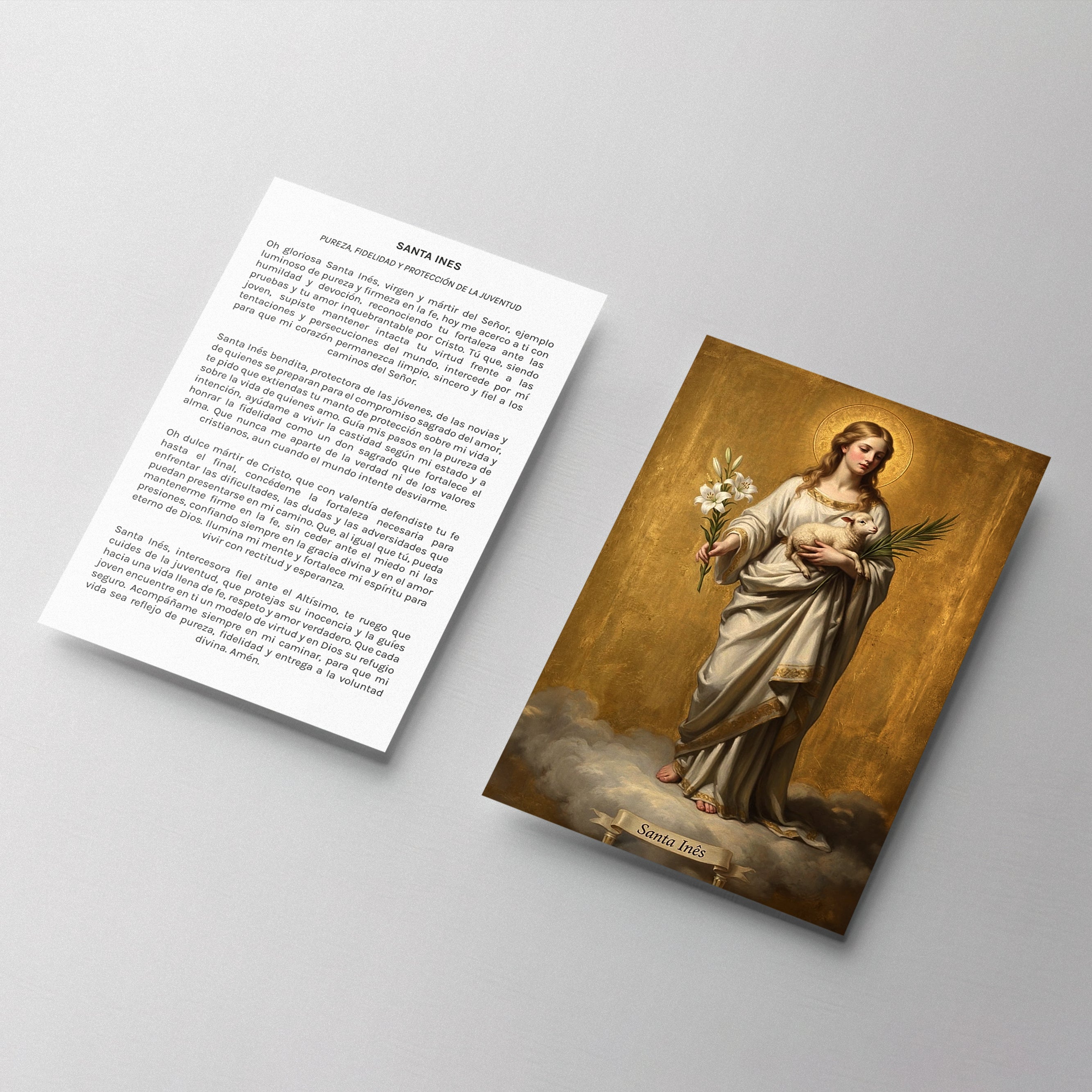 Estampa religiosa de Santa Inés virgen y mártir con símbolo de pureza y protección espiritual