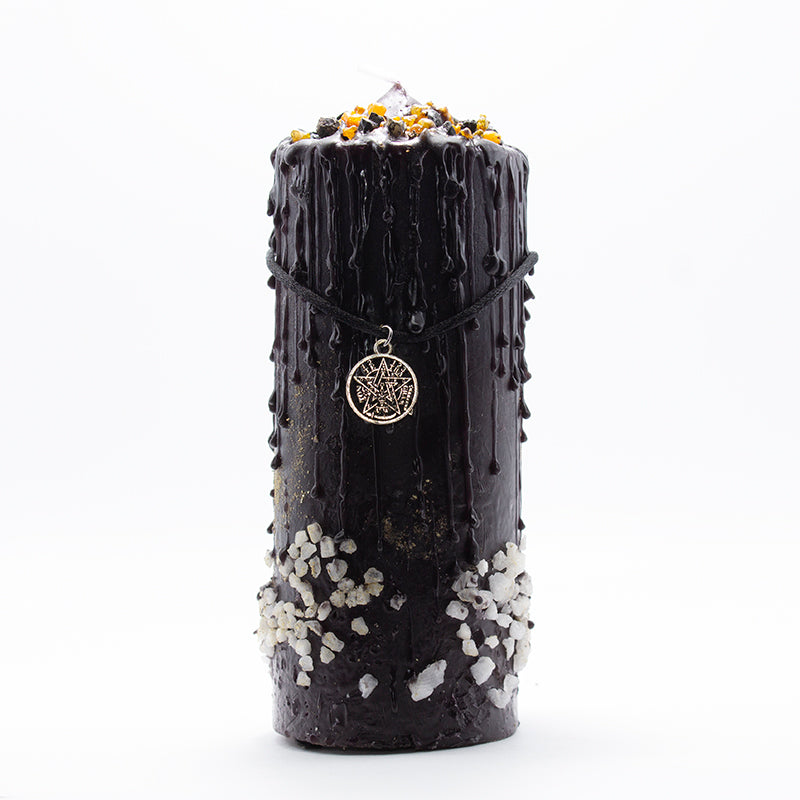 Velón San Deshacedor con amuleto Tetragramaton para protección contra magia negativa y limpieza espiritual