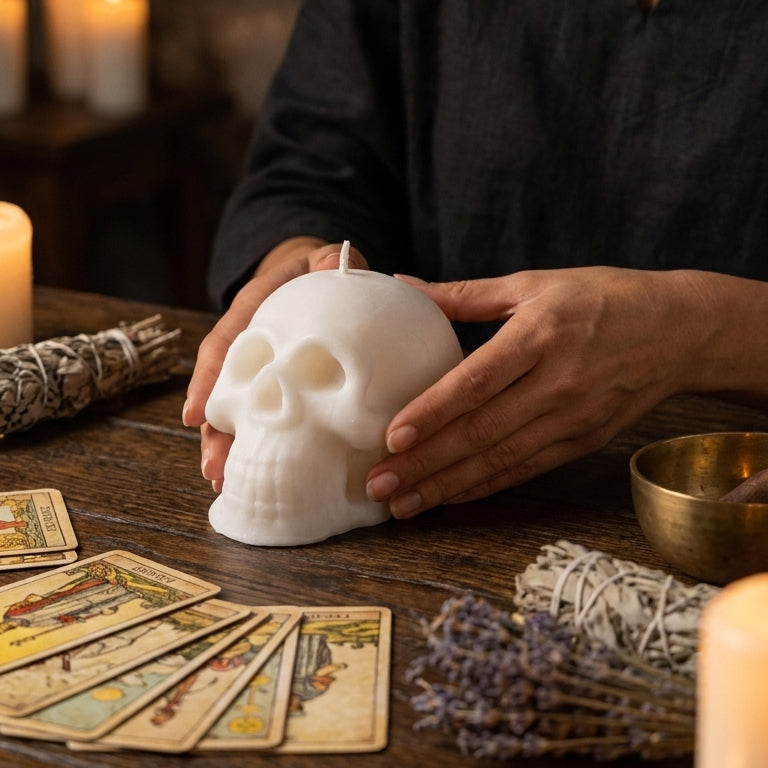 VELÓN CALAVERA SANTA MUERTE BLANCA PARA SALUD, PROTECCIÓN Y PURIFICACIÓN ESPIRITUAL