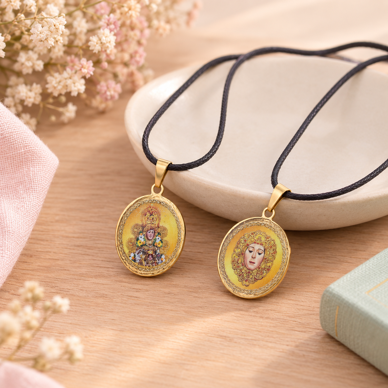 COLGANTE DE LA VIRGEN DEL ROCÍO EN ACERO DORADO MOD. 2 – AMULETO DE FE Y PROTECCIÓN