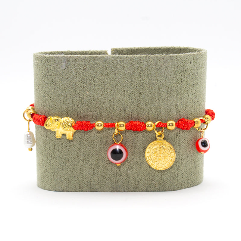 PULSERA DE LOS 7 NUDOS CON CRUZ DE SAN BENITO, OJO TURCO, CRUZ CRISTIANA Y ELEFANTE – AMULETO DE PROTECCIÓN, SUERTE Y ENERGÍA POSITIVA