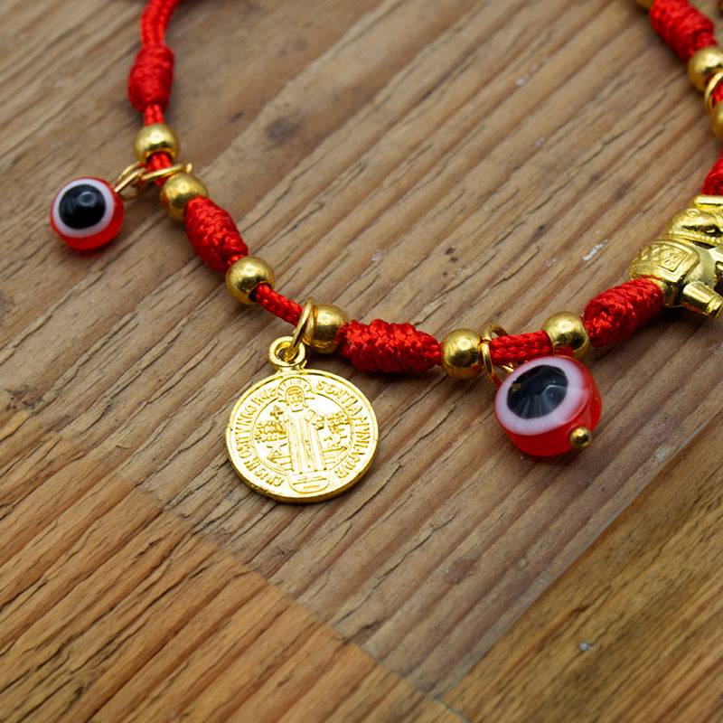 PULSERA DE LOS 7 NUDOS CON CRUZ DE SAN BENITO, OJO TURCO, CRUZ CRISTIANA Y ELEFANTE – AMULETO DE PROTECCIÓN, SUERTE Y ENERGÍA POSITIVA