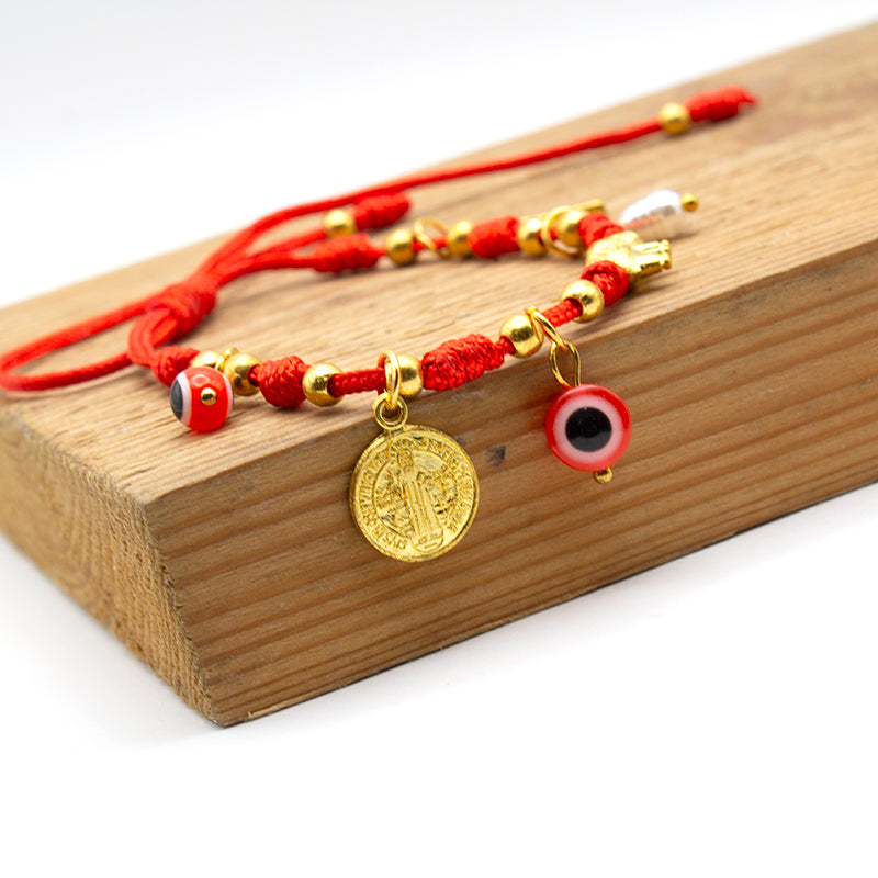PULSERA DE LOS 7 NUDOS CON CRUZ DE SAN BENITO, OJO TURCO, CRUZ CRISTIANA Y ELEFANTE – AMULETO DE PROTECCIÓN, SUERTE Y ENERGÍA POSITIVA